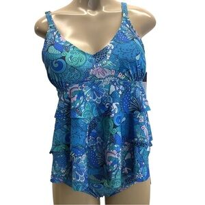 Nicole Miller Blue Multi Color Tankini Three Tier Ruffle Set Size Medium NWOT
